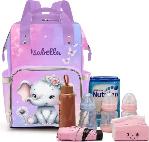 Cute Elephant Personalized Diaper Bags for Baby Girl with Name, Thermal Pockets, Large Custom Baby Bags for Girls, Waterproof Customized Nappy Bag Multi-function Mom Travel Daypack Backpack