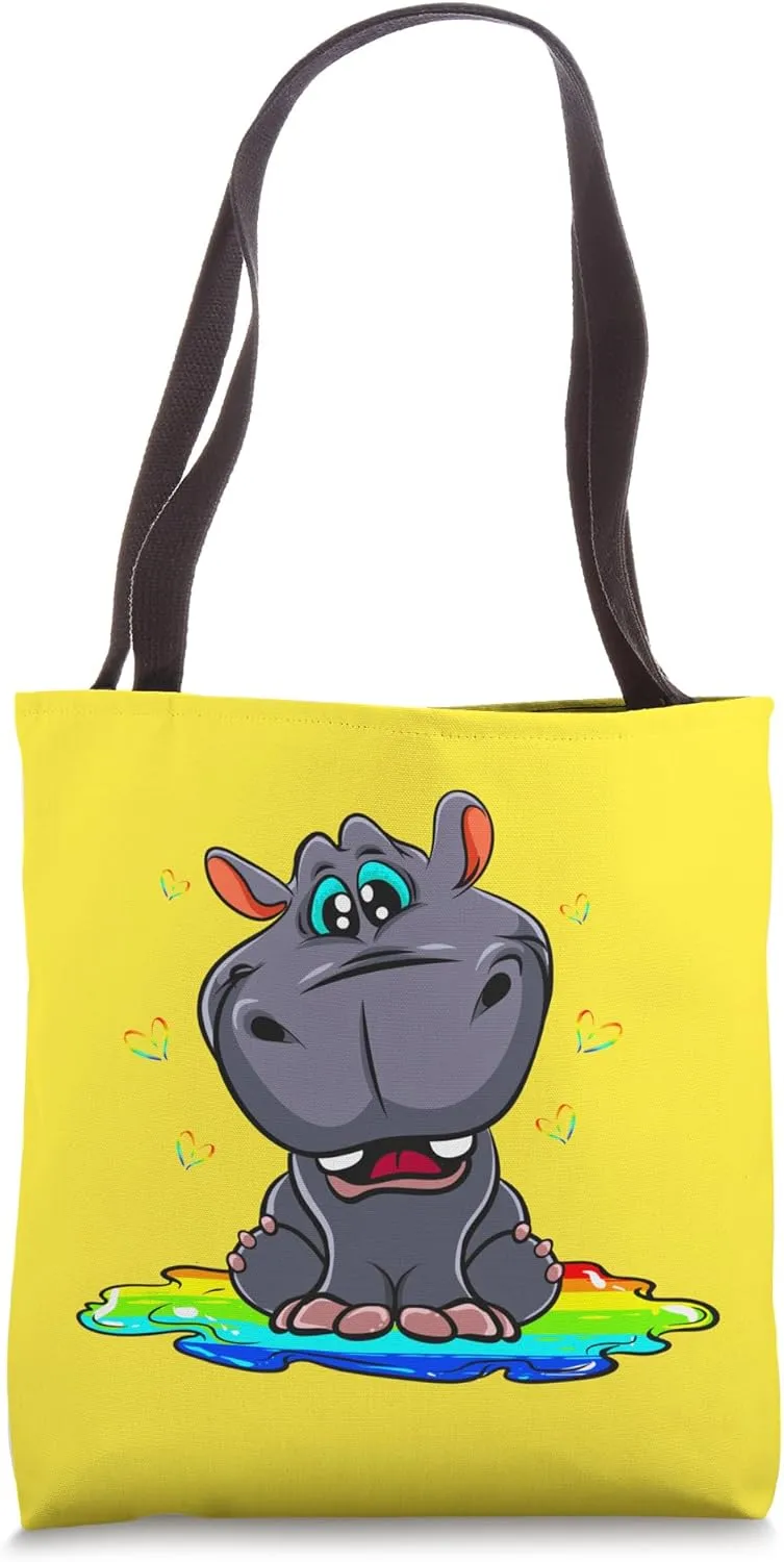 Cute Hippo Sitting In A Fun and Colorful Puddle Rainbow Tote Bag