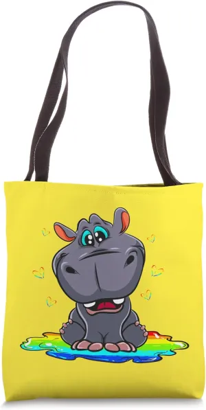 Cute Hippo Sitting In A Fun and Colorful Puddle Rainbow Tote Bag