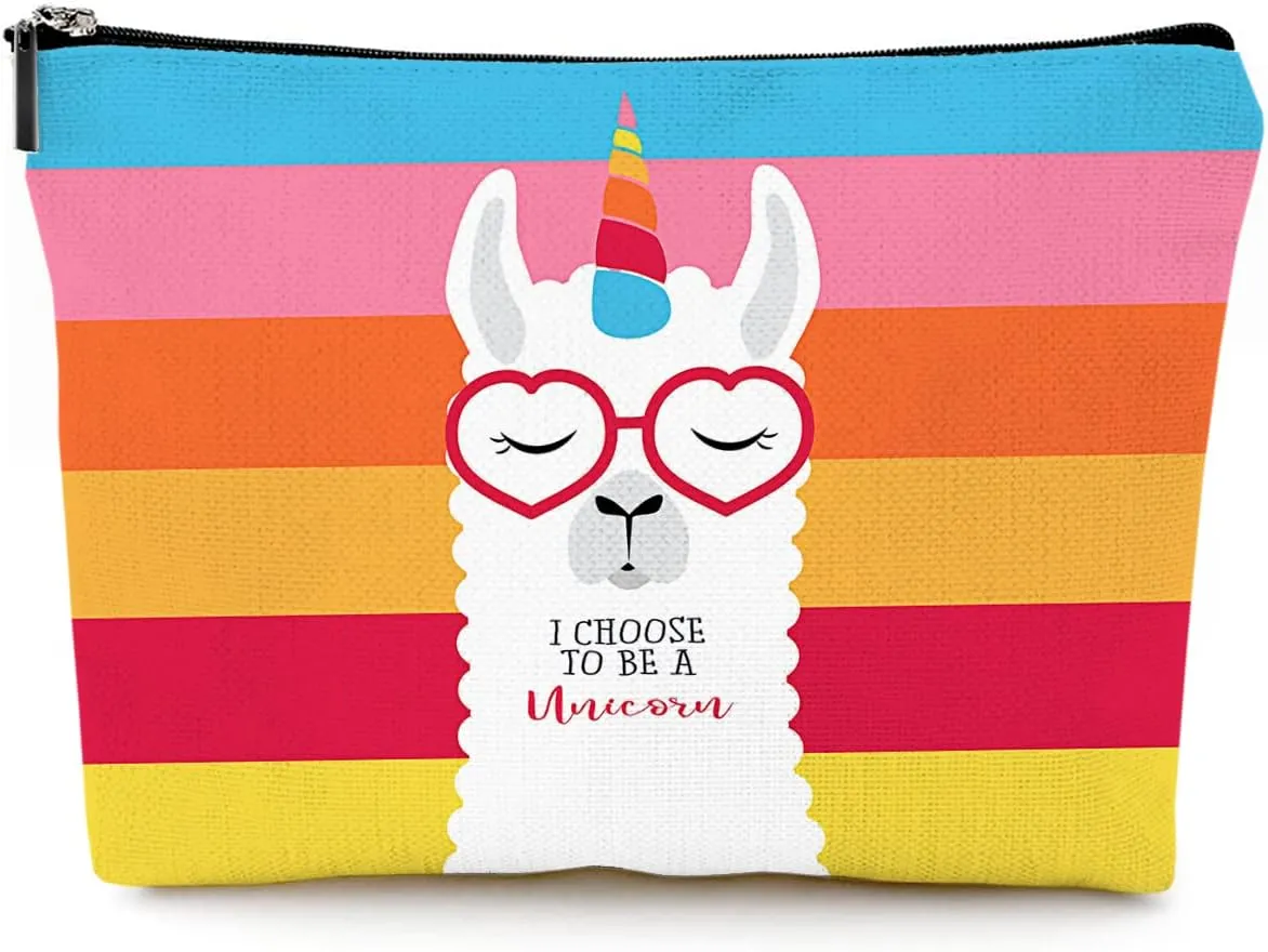 Cute Makeup Bag for Purse Canvas Waterproof Funny Cosmetic Bags for Women Zipper Travel Toiletry Pouch-Alpaca Makeup Bags-Rainbow