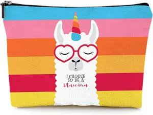 Cute Makeup Bag for Purse Canvas Waterproof Funny Cosmetic Bags for Women Zipper Travel Toiletry Pouch-Alpaca Makeup Bags-Rainbow
