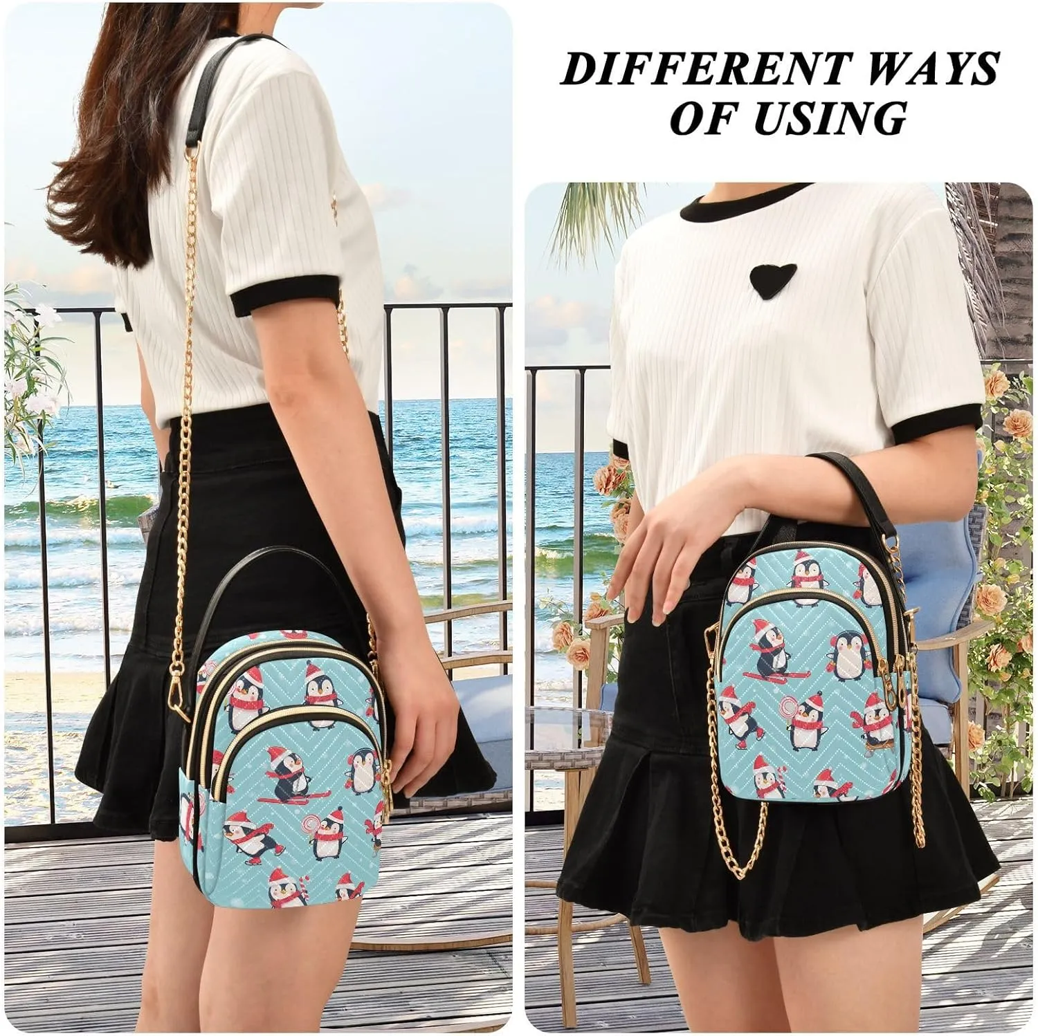 Cute Penguin Ski Pattern Women Crossbody Bags Multi Pockets Hand Bag for Womens, Travel Sling Bag