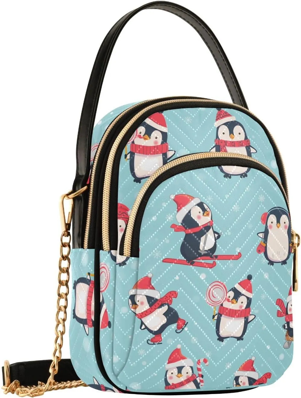 Cute Penguin Ski Pattern Women Crossbody Bags Multi Pockets Hand Bag for Womens, Travel Sling Bag