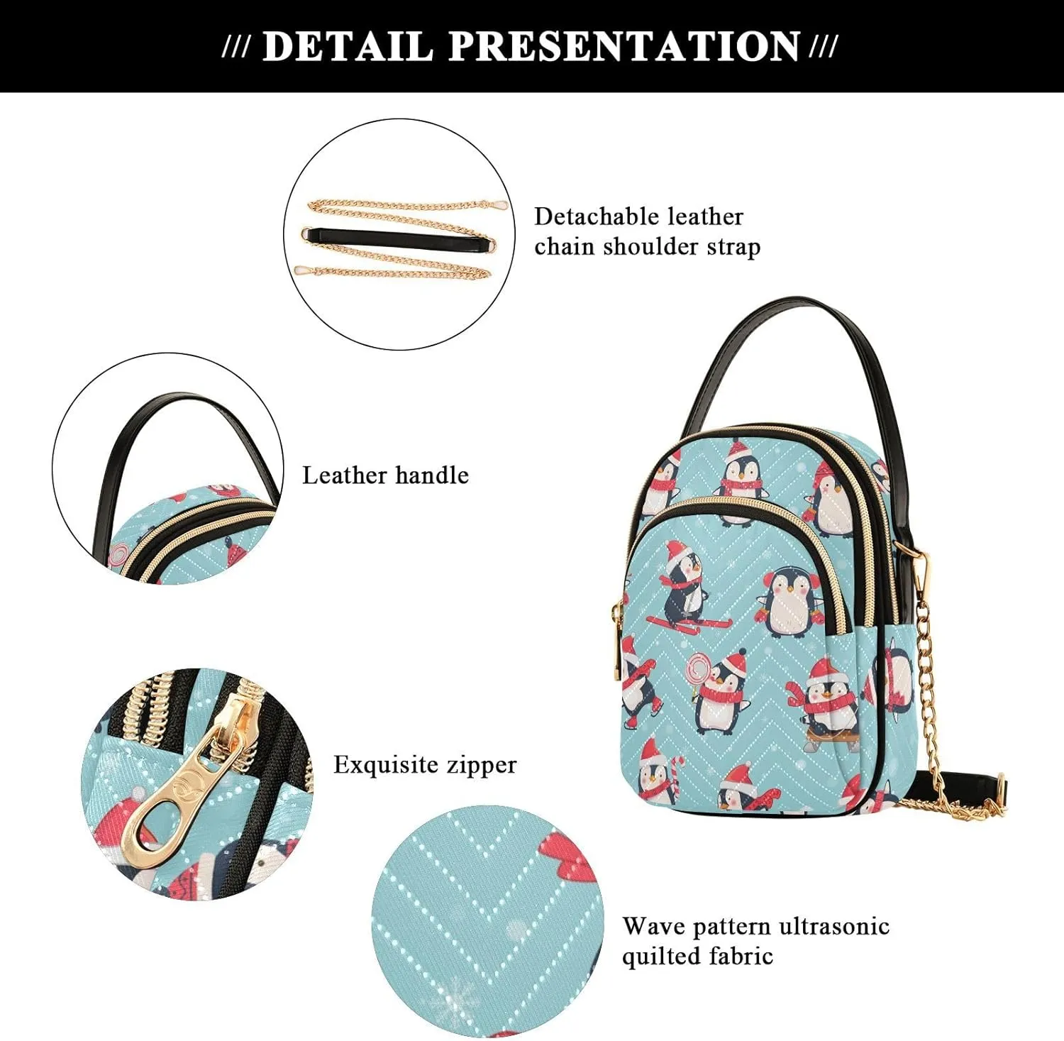 Cute Penguin Ski Pattern Women Crossbody Bags Multi Pockets Hand Bag for Womens, Travel Sling Bag