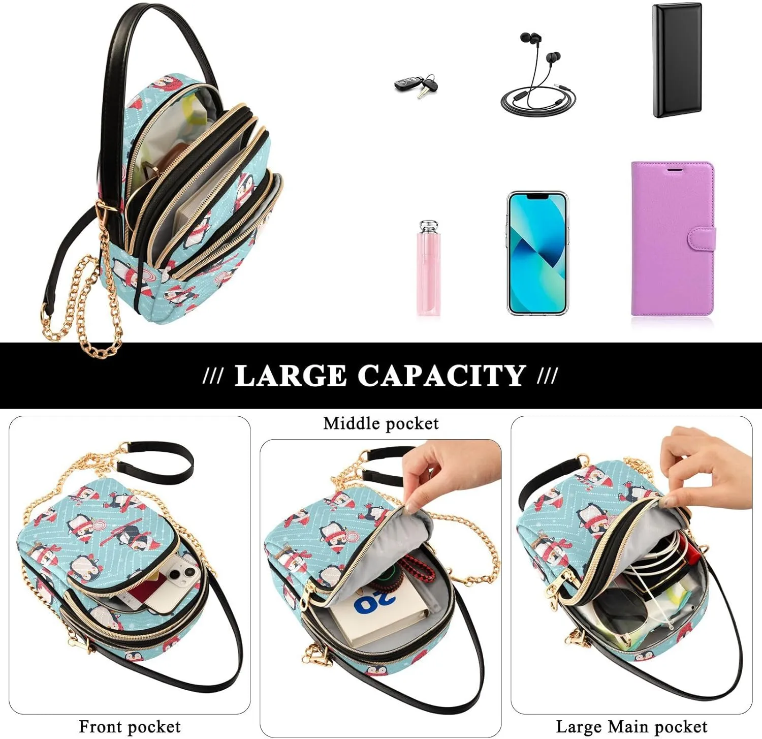 Cute Penguin Ski Pattern Women Crossbody Bags Multi Pockets Hand Bag for Womens, Travel Sling Bag