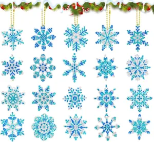 Diamond Painting Keychains Double Sided DIY Diamond Art Keychains Winter 5D Diamond Painting Hanging Ornament Blue Silver Rhinestone Pendant for Holiday Party Supplies Crafts (A)