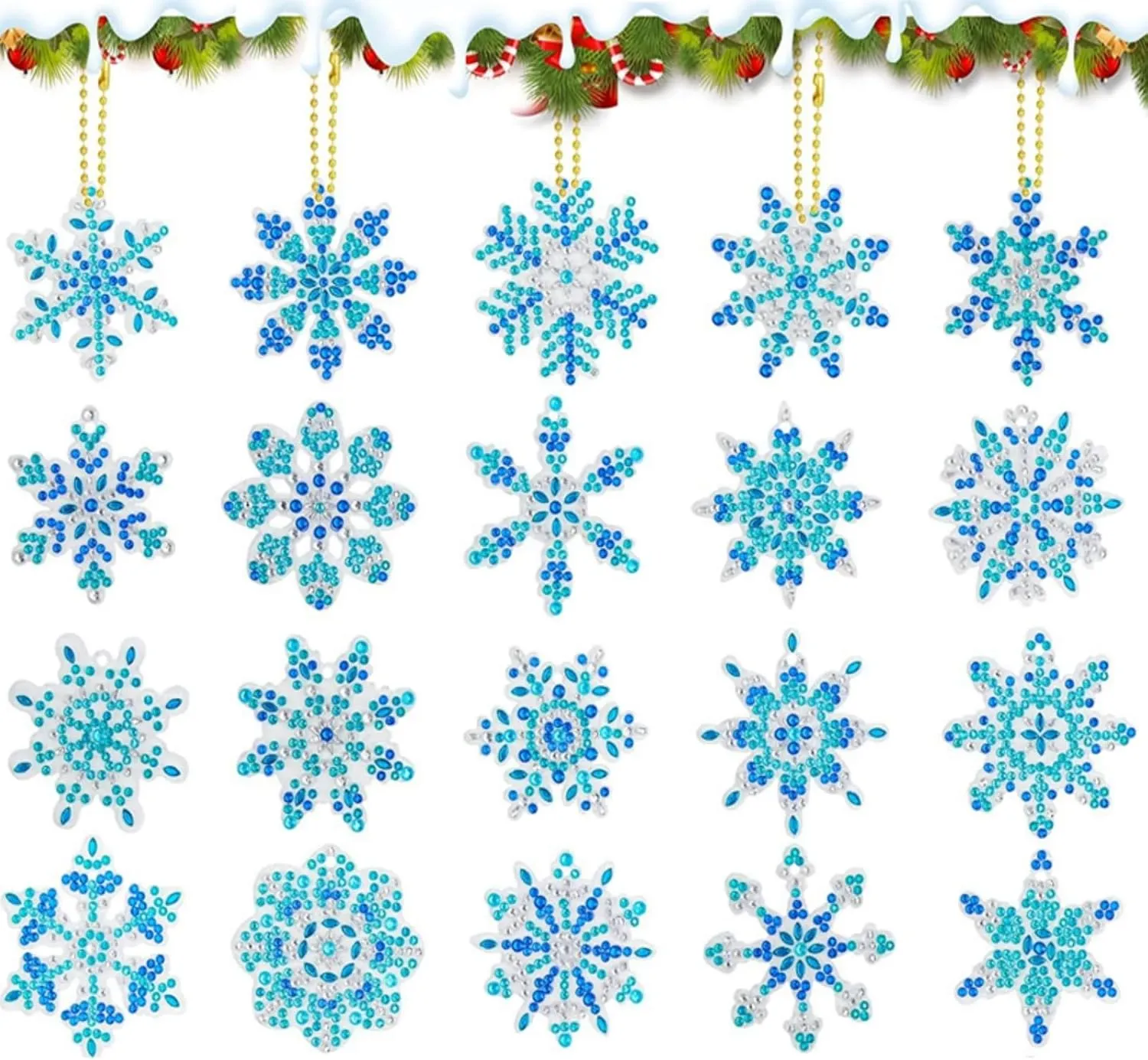 Diamond Painting Keychains Double Sided DIY Diamond Art Keychains Winter 5D Diamond Painting Hanging Ornament Blue Silver Rhinestone Pendant for Holiday Party Supplies Crafts (A)
