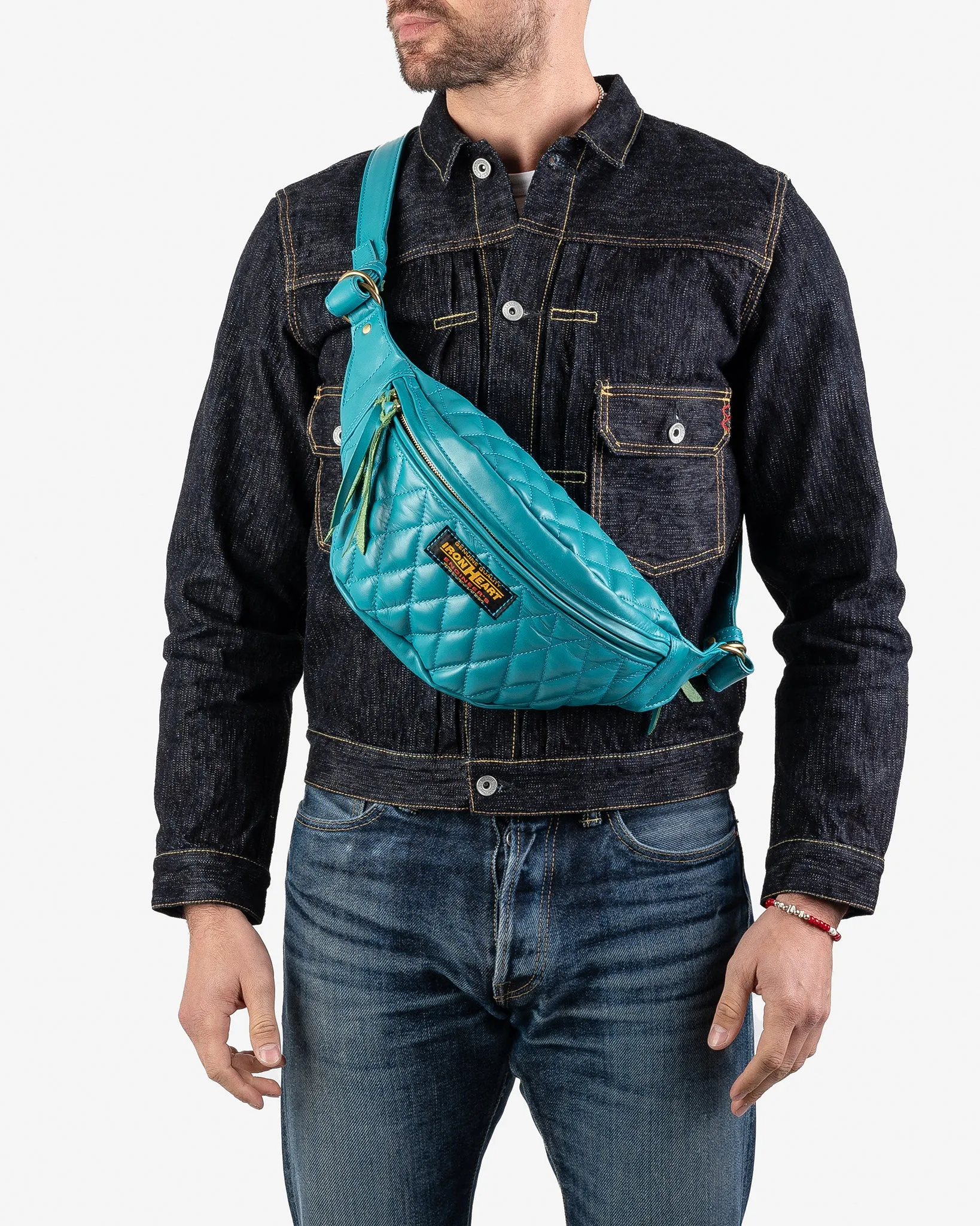 Diamond Stitched Leather Waist Bag - Blue