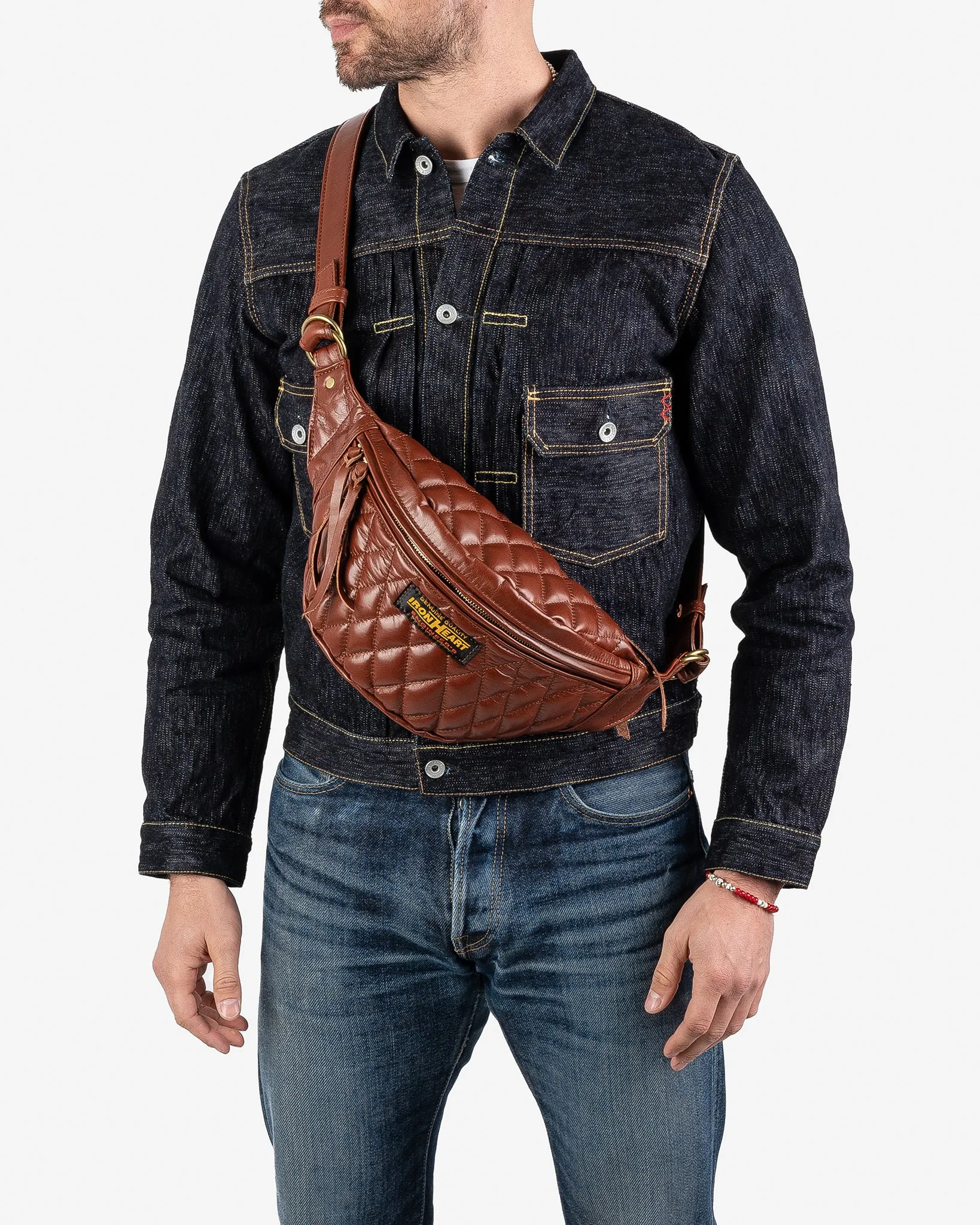Diamond Stitched Leather Waist Bag - Brown