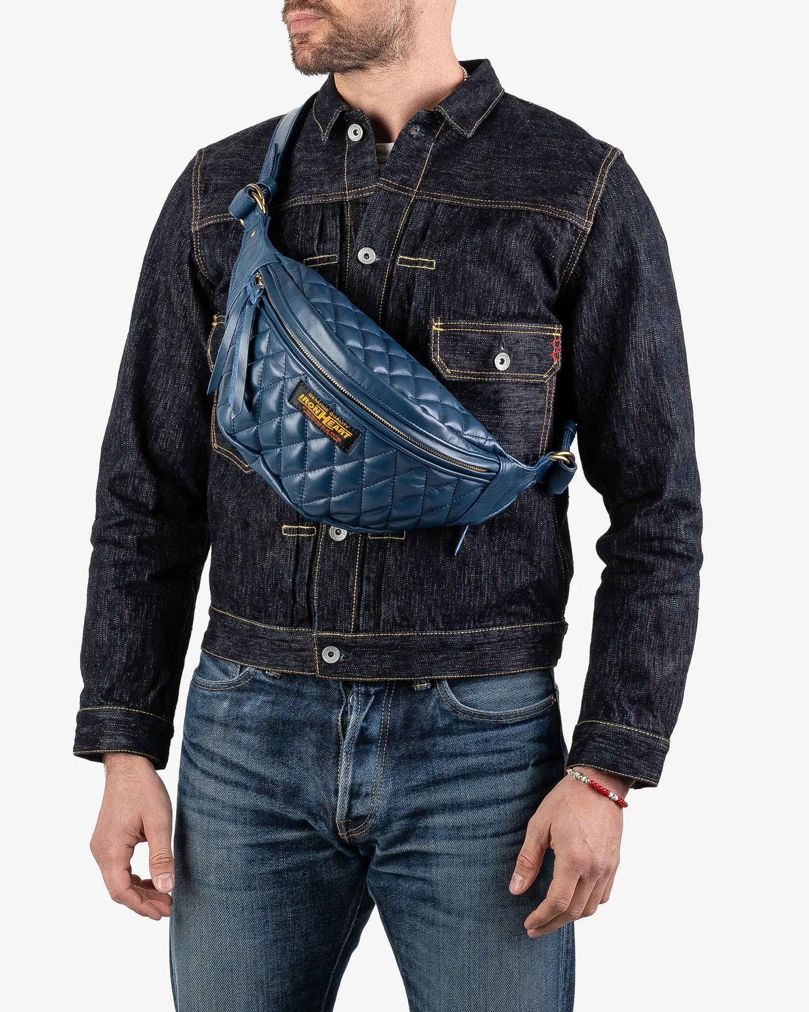 Diamond Stitched Leather Waist Bag - Navy