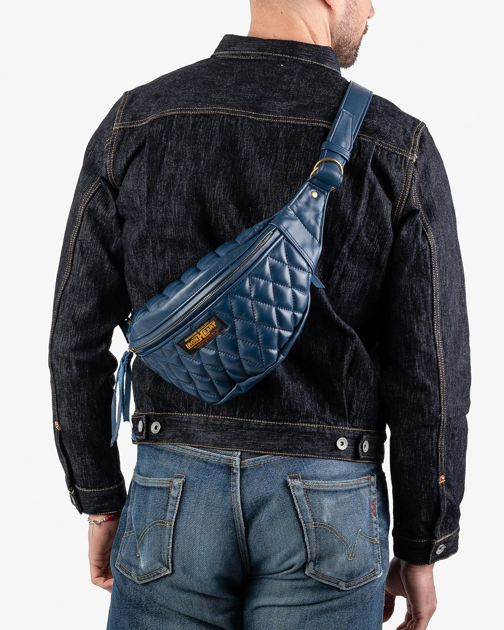 Diamond Stitched Leather Waist Bag - Navy