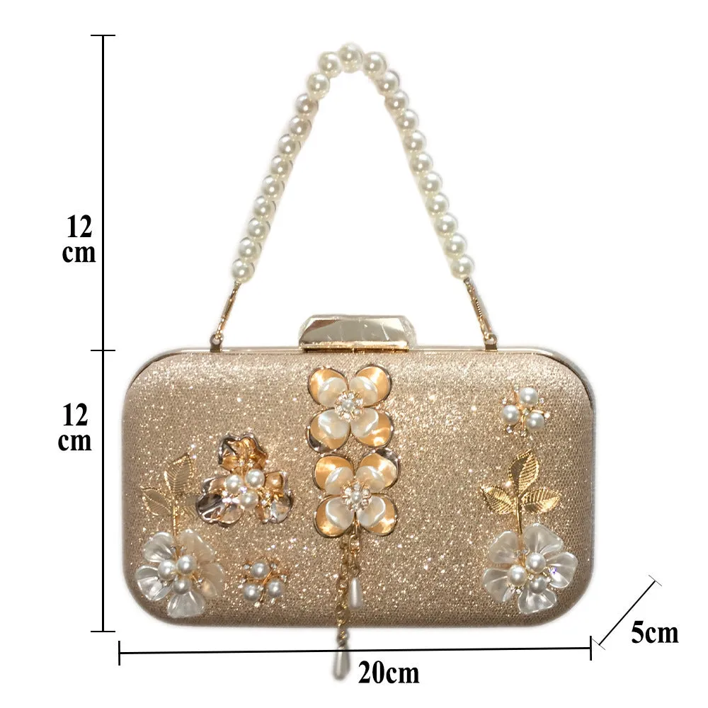 Diamond-studded pearl petal chain tassel dinner bag