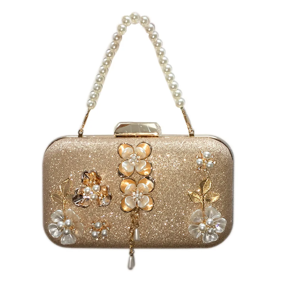 Diamond-studded pearl petal chain tassel dinner bag