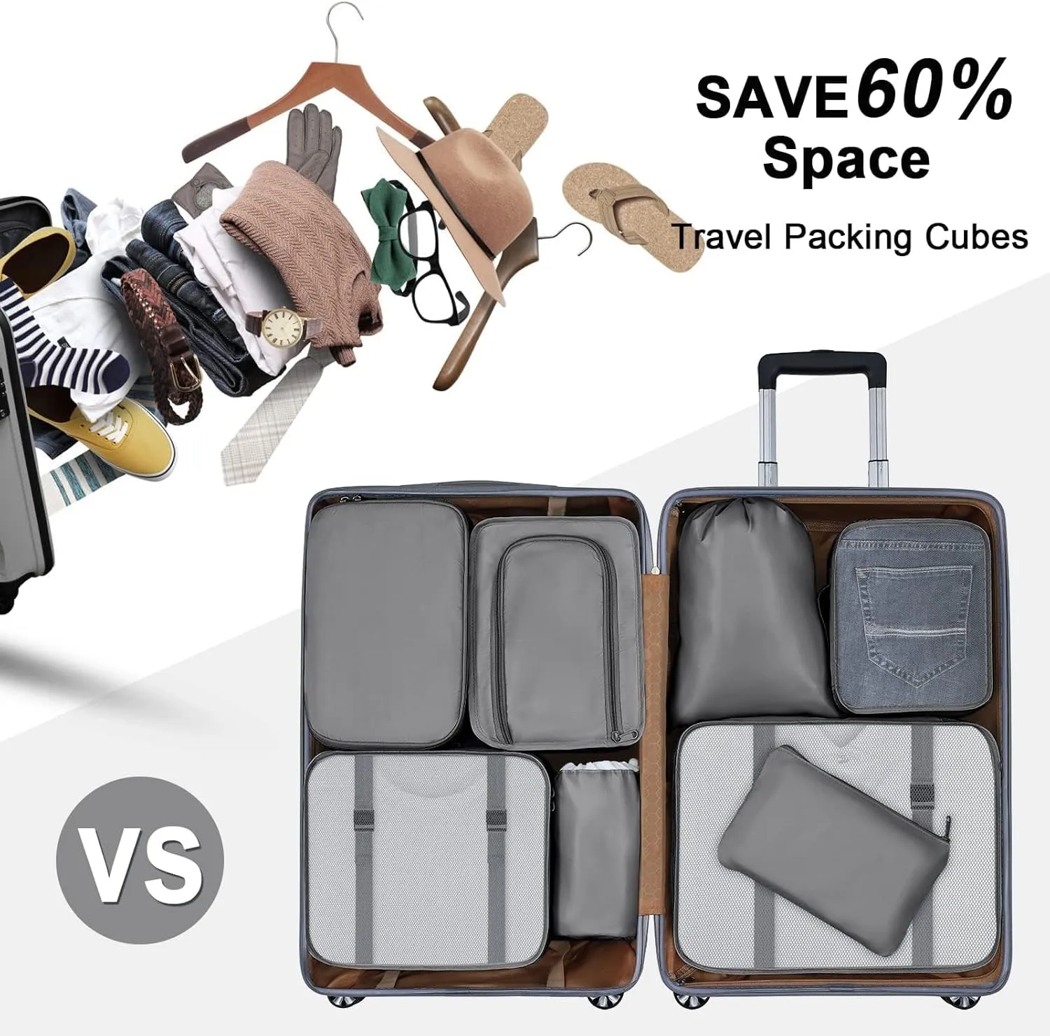 DIMJ Packing Cubes for Suitcase, Mesh Design Suitcase Packing Cubes Set Durable Travel Luggage Organizer, Lightweight Luggage Bags Organizers with Makeup Bag, Shoes Bag.（Grey）