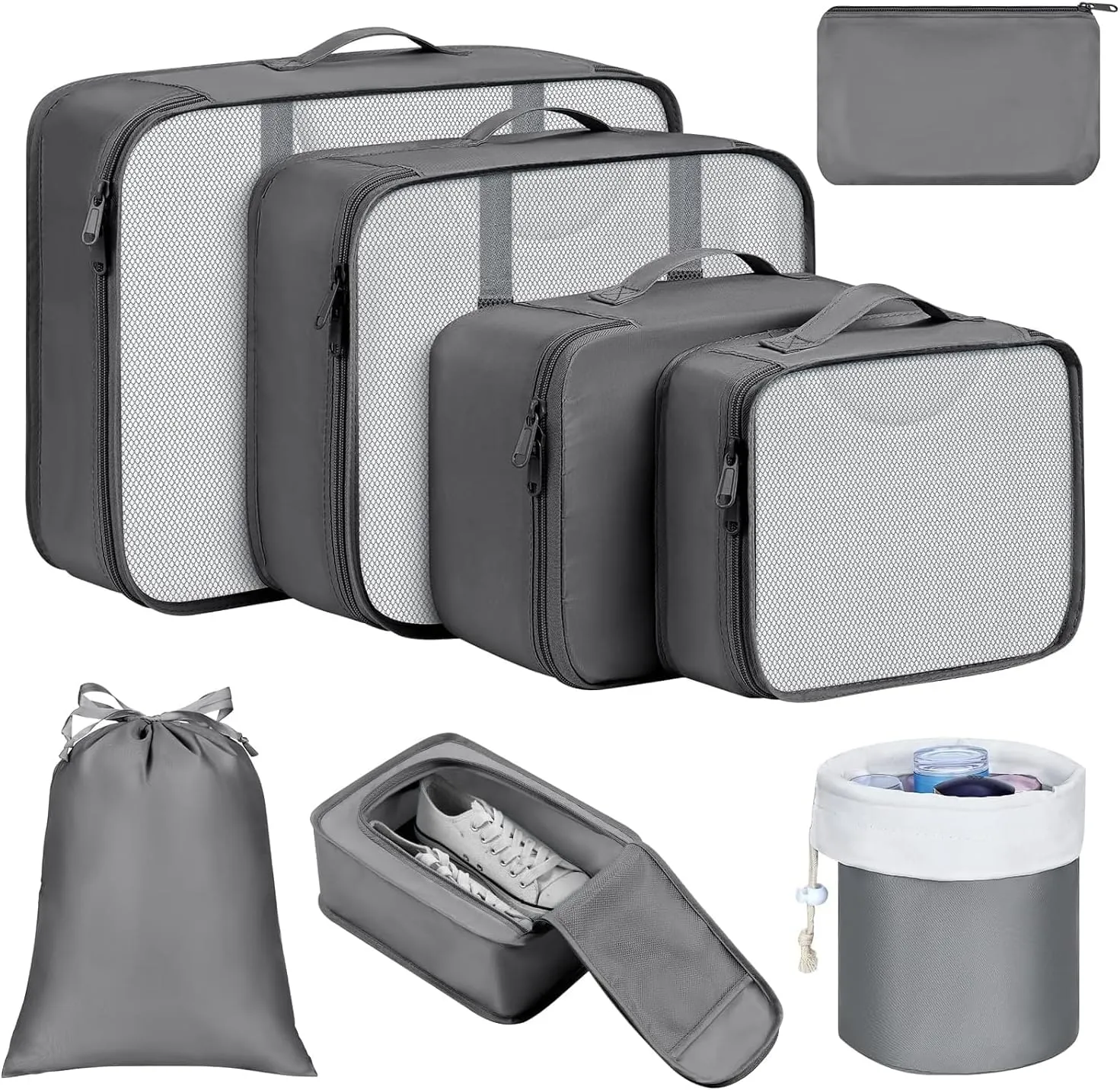 DIMJ Packing Cubes for Suitcase, Mesh Design Suitcase Packing Cubes Set Durable Travel Luggage Organizer, Lightweight Luggage Bags Organizers with Makeup Bag, Shoes Bag.（Grey）