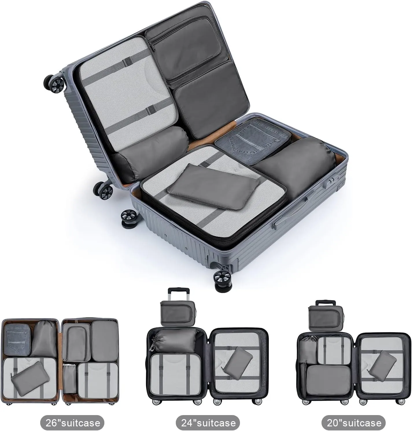 DIMJ Packing Cubes for Suitcase, Mesh Design Suitcase Packing Cubes Set Durable Travel Luggage Organizer, Lightweight Luggage Bags Organizers with Makeup Bag, Shoes Bag.（Grey）