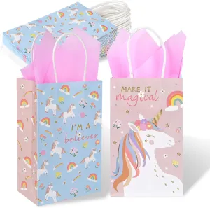 DjinnGlory 36 Pack Small Rainbow Unicorn Horse Themed Party Gift Bags with Handles and Pink Tissue Paper for Girls Kids Birthday Favors Treats Goodies, 9x5.5x3.15 Inch (2 Assorted Designs)