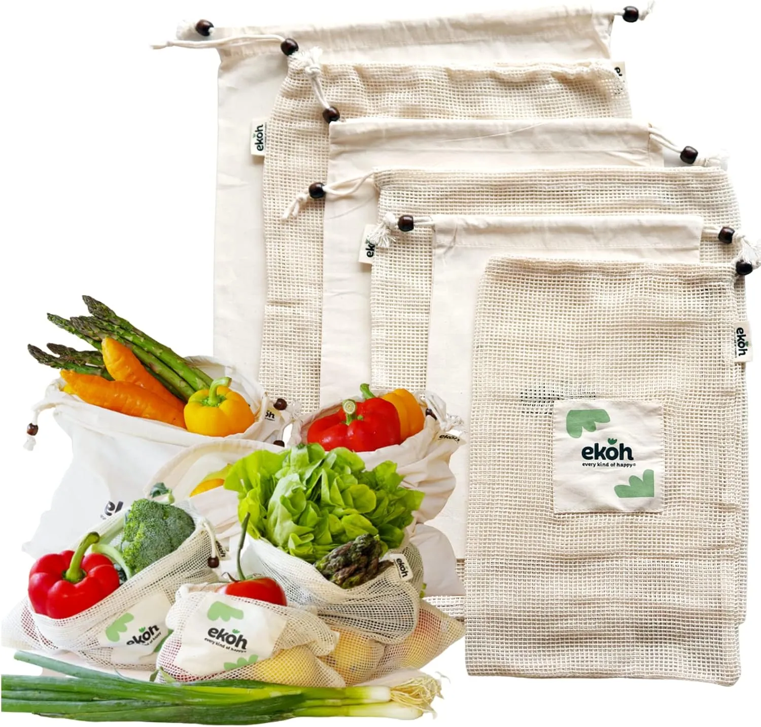 EKOH Reusable Organic Cotton Produce Bags 6 Drawstring Bags 3 Sizes Muslin Cotton and Mesh (Organic Cotton and Mesh 6 Pack)