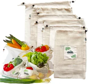 EKOH Reusable Organic Cotton Produce Bags 6 Drawstring Bags 3 Sizes Muslin Cotton and Mesh (Organic Cotton and Mesh 6 Pack)