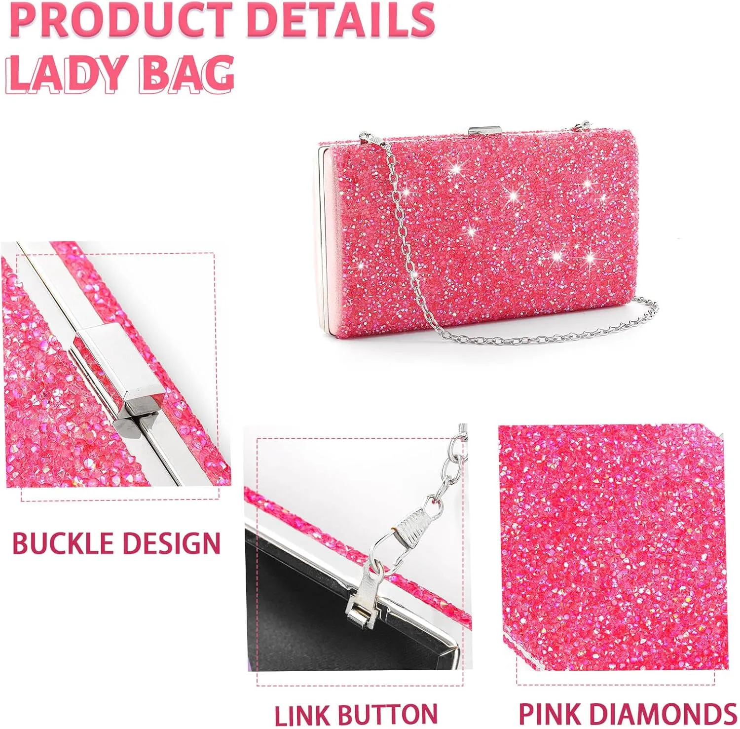 ELABEST Glitter Evening Clutch Bag Double Sided Diamond Bag Crossbody Purse Wedding Party Bag for Women