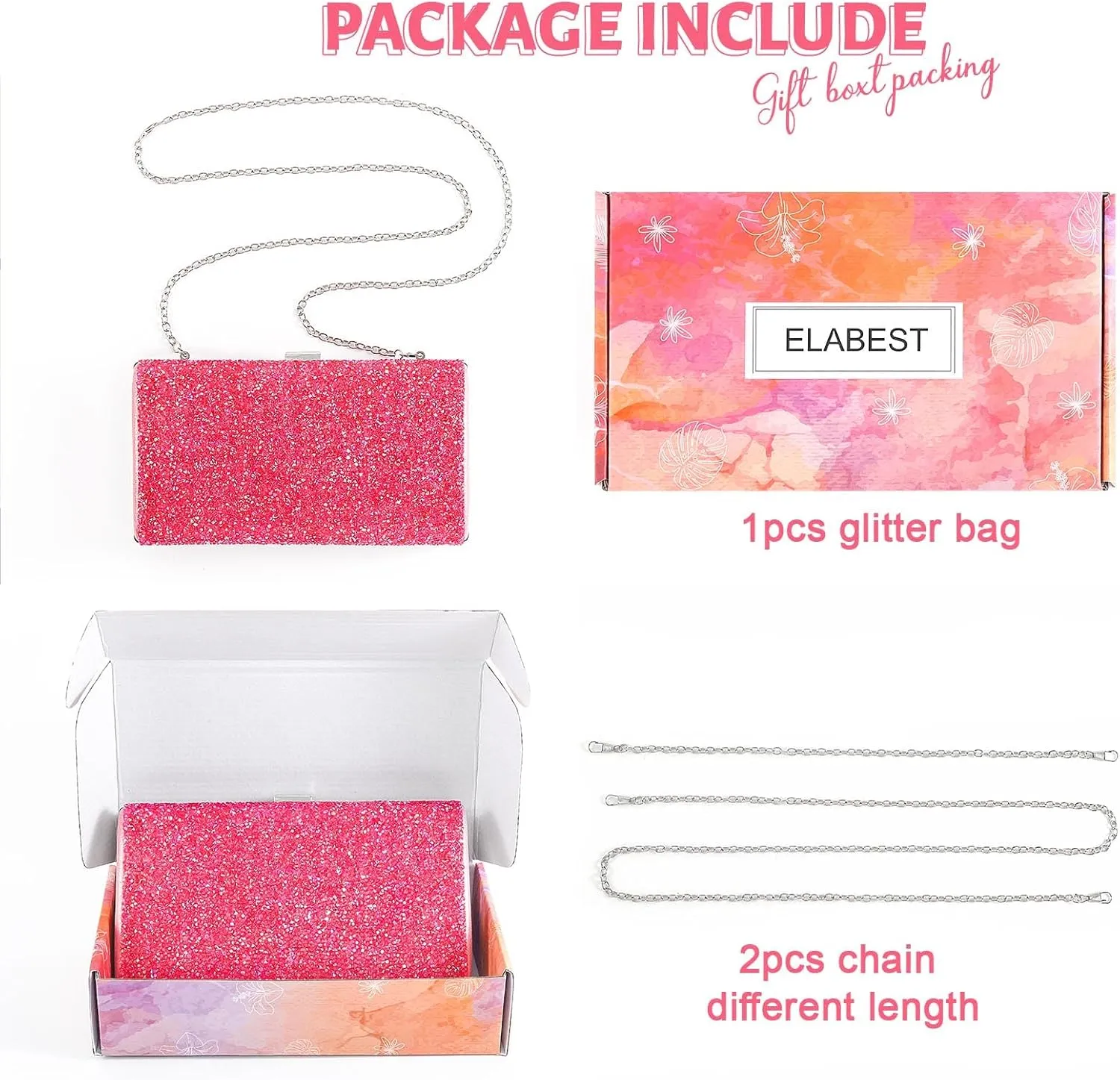ELABEST Glitter Evening Clutch Bag Double Sided Diamond Bag Crossbody Purse Wedding Party Bag for Women