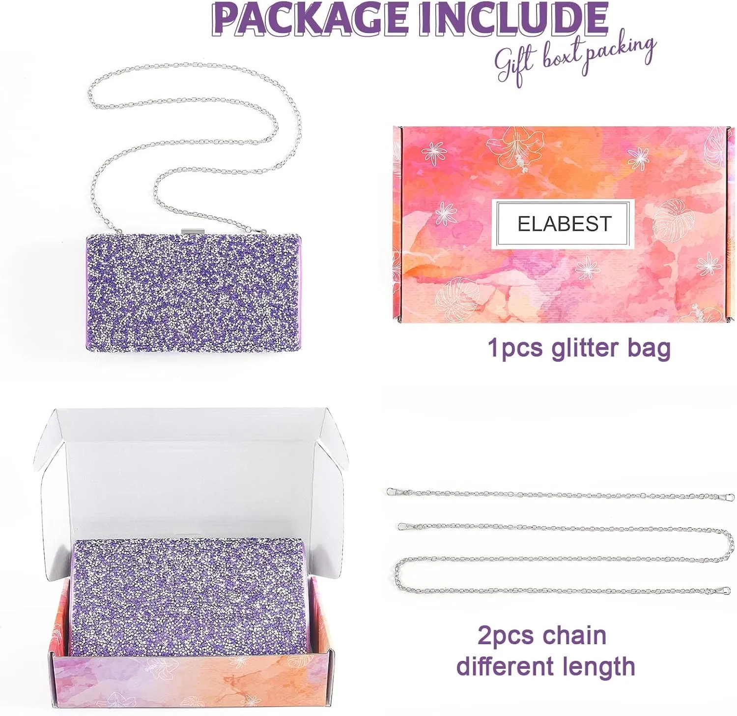 ELABEST Glitter Evening Clutch Bag Double Sided Diamond Bag Crossbody Purse Wedding Party Bag for Women
