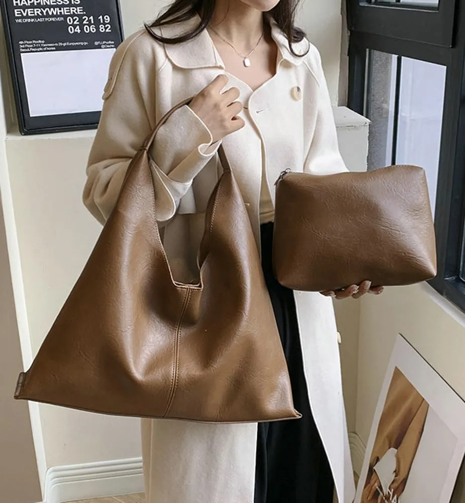 Elegant Shoulder Bags for Women, Large Capacity Handbags, Retro PU Leather Shoulder Wallet, Work Tote Bag 2pcs