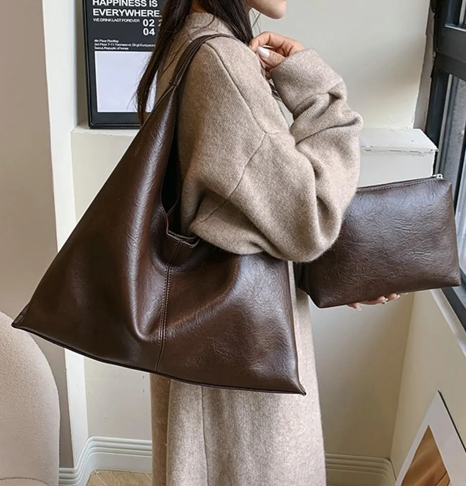 Elegant Shoulder Bags for Women, Large Capacity Handbags, Retro PU Leather Shoulder Wallet, Work Tote Bag 2pcs