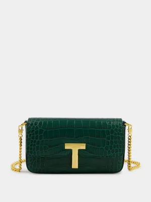 Emerald Green Shiny Stamped Crocodile Leather Wallis Mini Bag
