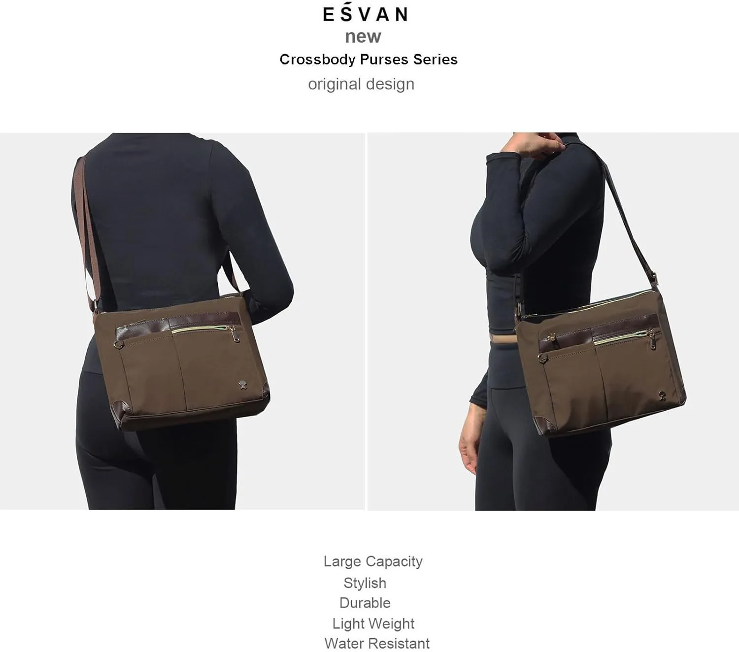 ESVAN Nylon Crossbody Bag For Women Waterproof Lightweight Casual Multi Pockets Shoulder Handbag Purse