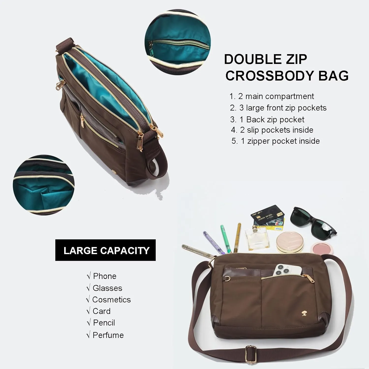 ESVAN Nylon Crossbody Bag For Women Waterproof Lightweight Casual Multi Pockets Shoulder Handbag Purse