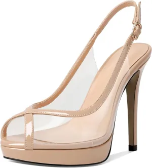 Esvowido Women's Peep Toe High Heels Slingback Pumps Platform Stilettos Clear PVC Heeled Sandals 5 Inch Wedding Party Dress Shoes