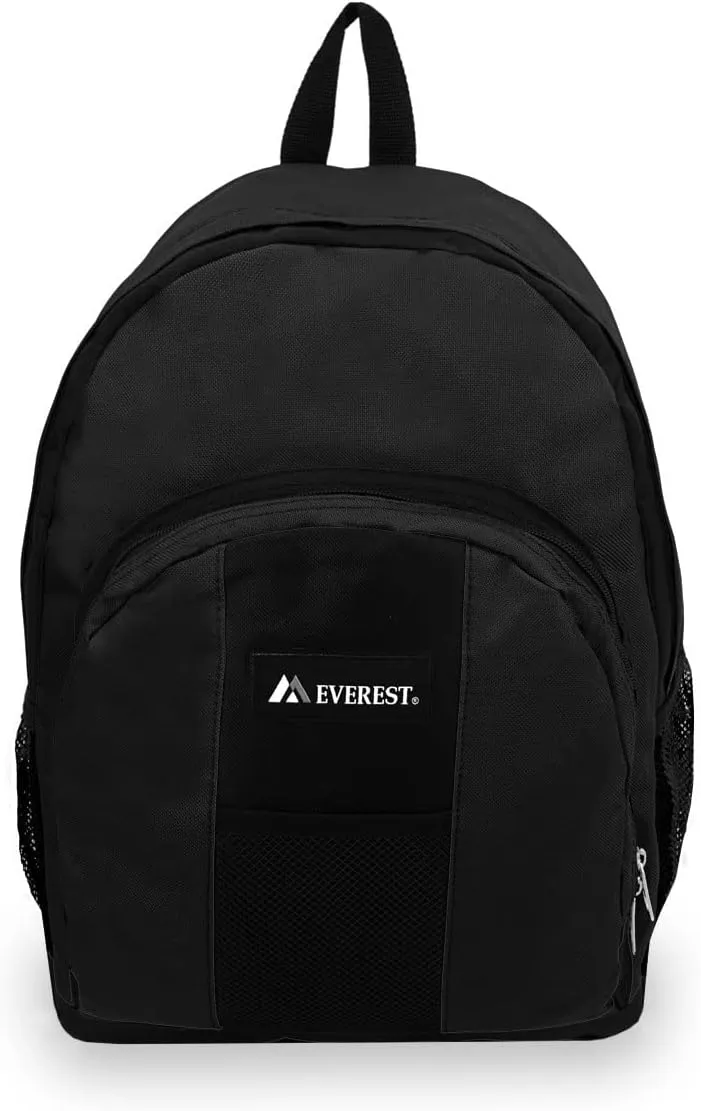 Everest Luggage Backpack with Front and Side Pockets, Black, Large
