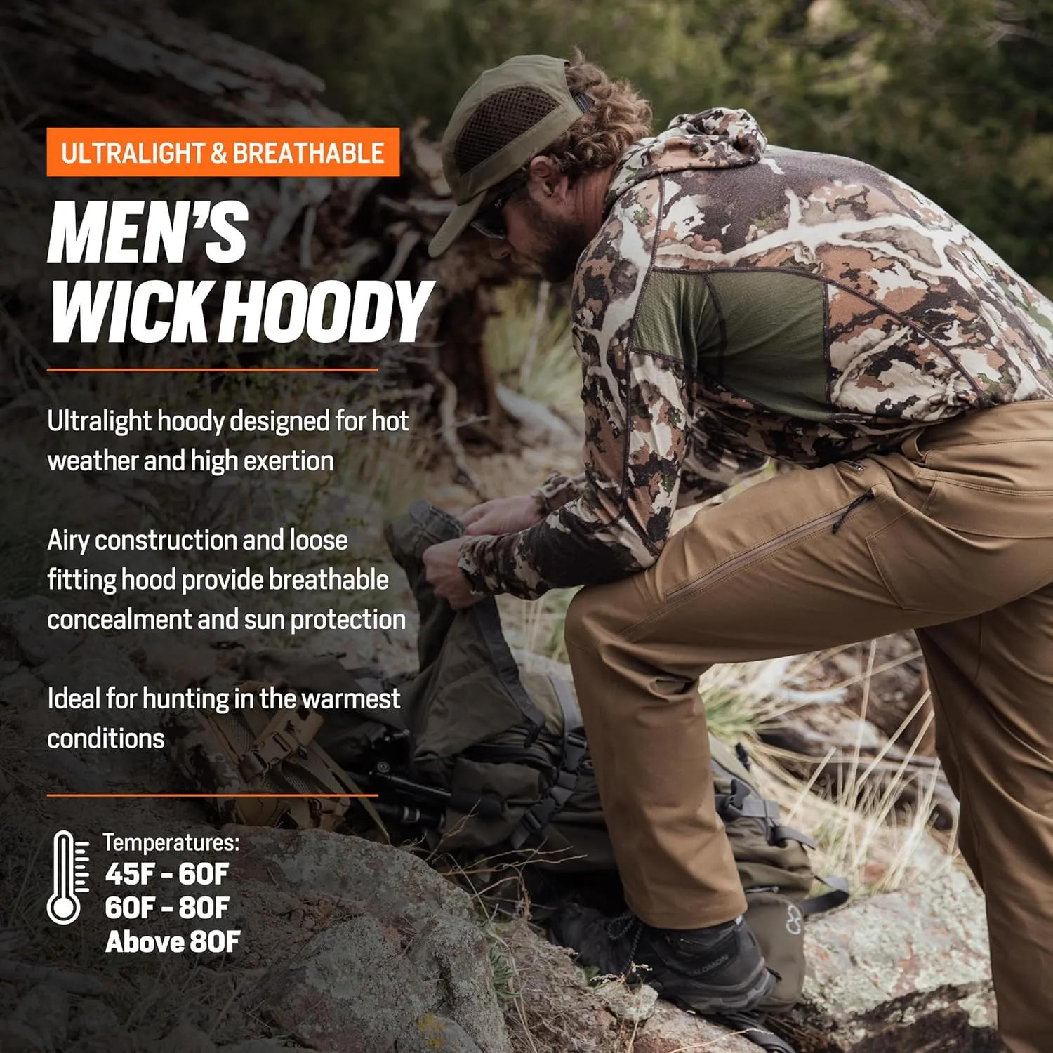 First Lite Men’s Wick Hoody - Merino Wool Ultralight Camo Hunting Base Layer, Quick Dry, UV Protection Hunting Clothing