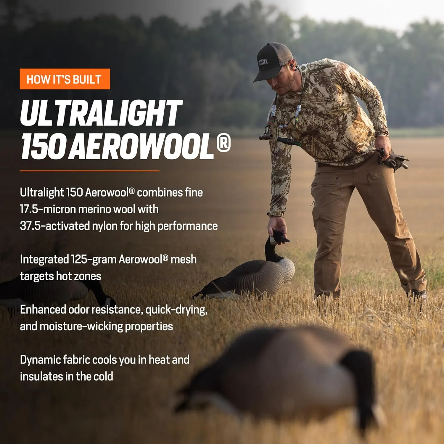 First Lite Men’s Wick Hoody - Merino Wool Ultralight Camo Hunting Base Layer, Quick Dry, UV Protection Hunting Clothing