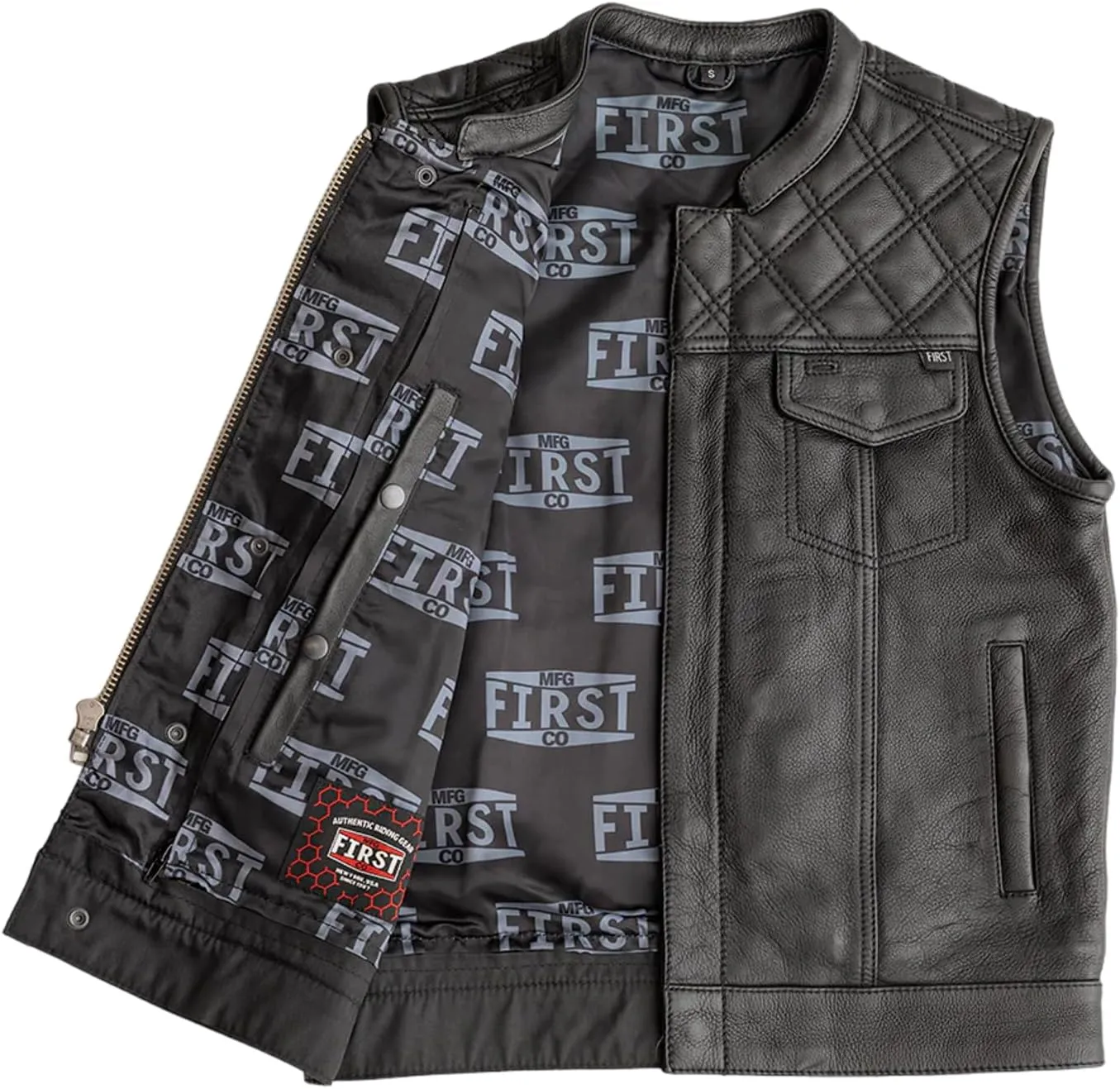 FIRST MFG CO Signature Club Style Leather Vest - Diamond Cowhide Leather, Conceal Carry Pockets, Satin Liner