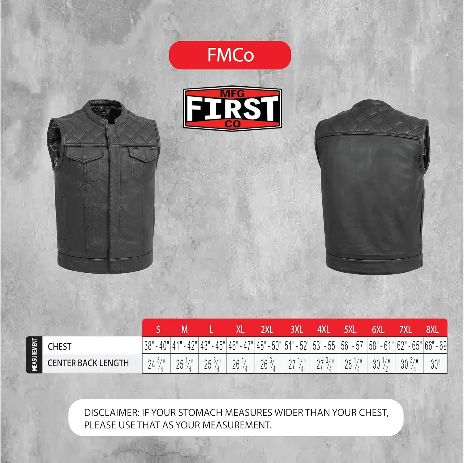 FIRST MFG CO Signature Club Style Leather Vest - Diamond Cowhide Leather, Conceal Carry Pockets, Satin Liner