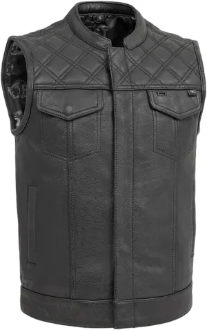 FIRST MFG CO Signature Club Style Leather Vest - Diamond Cowhide Leather, Conceal Carry Pockets, Satin Liner