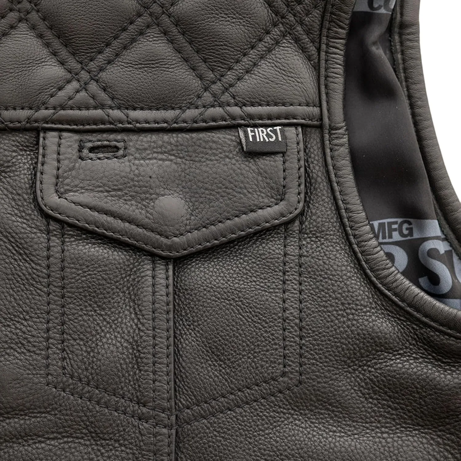 FIRST MFG CO Signature Club Style Leather Vest - Diamond Cowhide Leather, Conceal Carry Pockets, Satin Liner