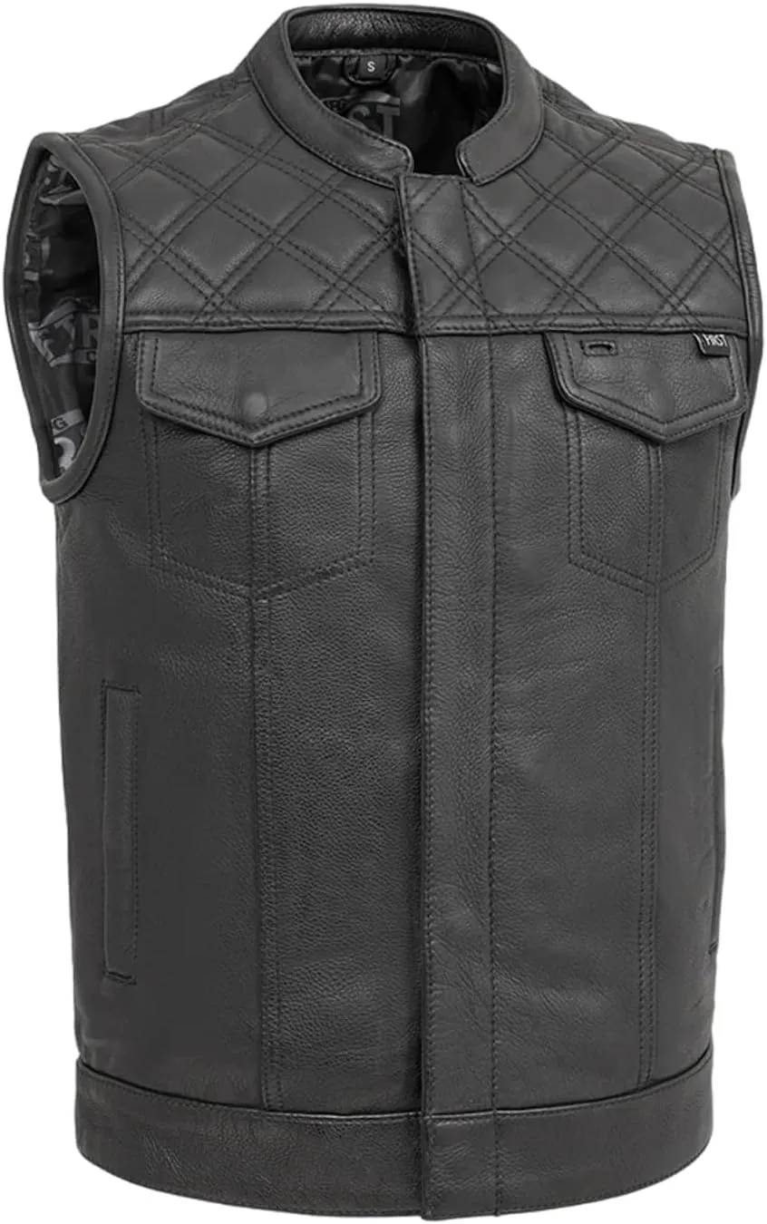 FIRST MFG CO Signature Club Style Leather Vest - Diamond Cowhide Leather, Conceal Carry Pockets, Satin Liner