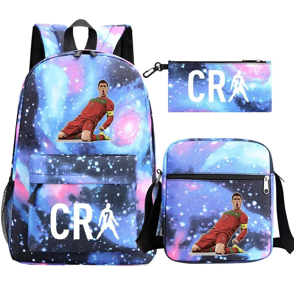 Football CR7 Backpack 3pcs/Set Cartoon School Bags for Teenagers Travel Outdoors Waterproof Schoolbag Children Boy Girl