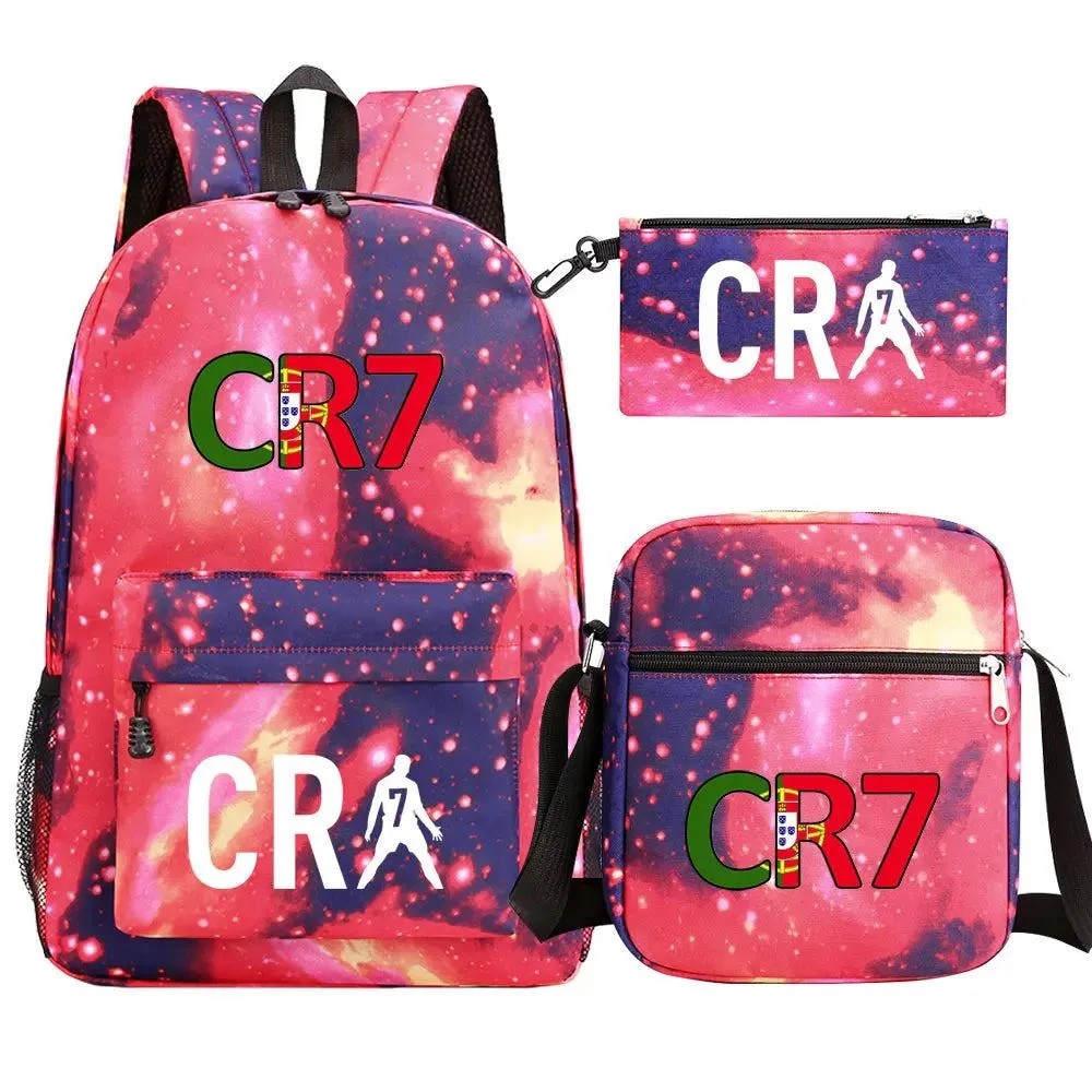Football CR7 Backpack 3pcs/Set Cartoon School Bags for Teenagers Travel Outdoors Waterproof Schoolbag Children Boy Girl
