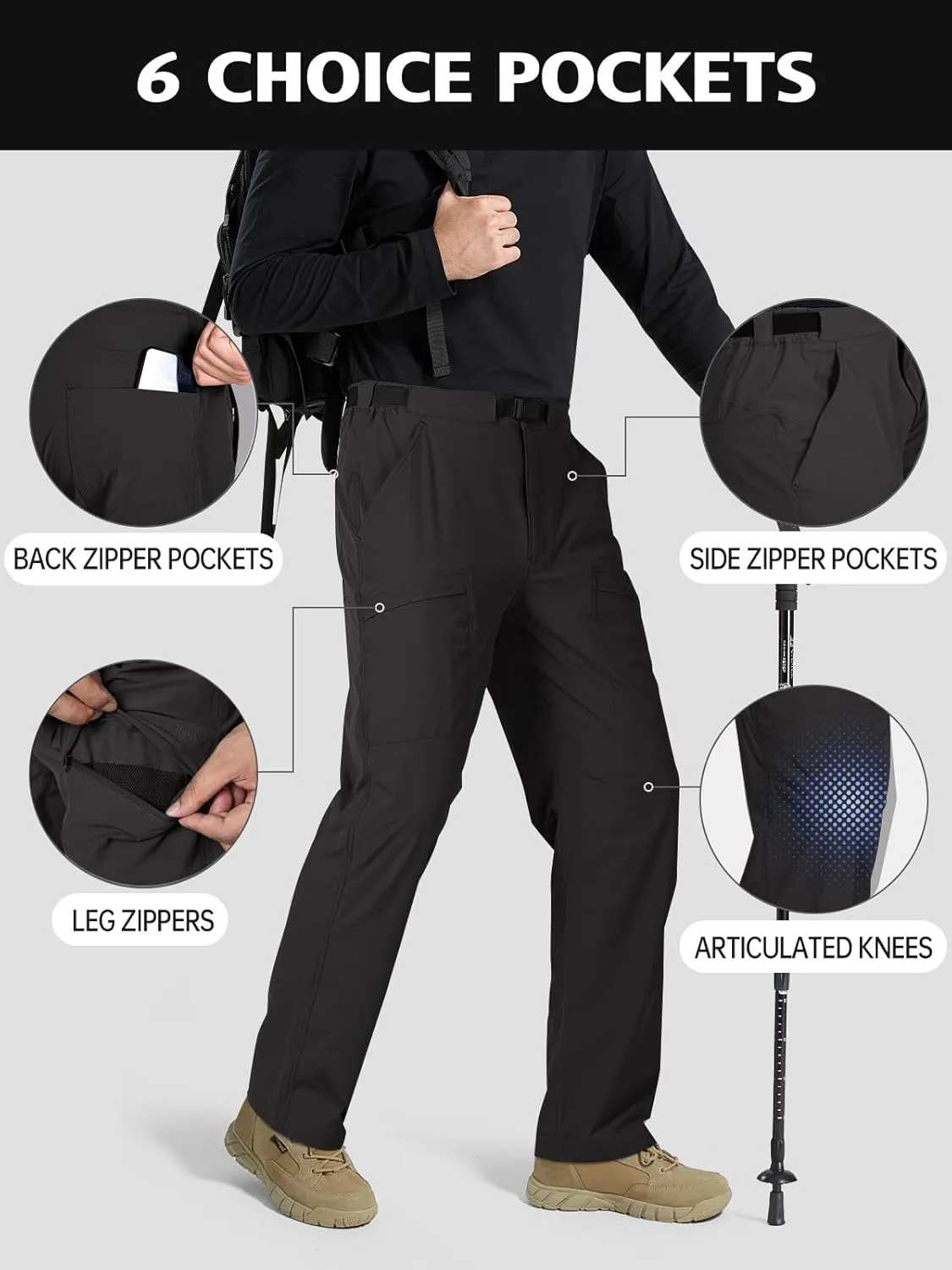 FREE SOLDIER Men's Outdoor Cargo Hiking Pants with Belt Lightweight Waterproof Quick Dry Tactical Pants Nylon Spandex