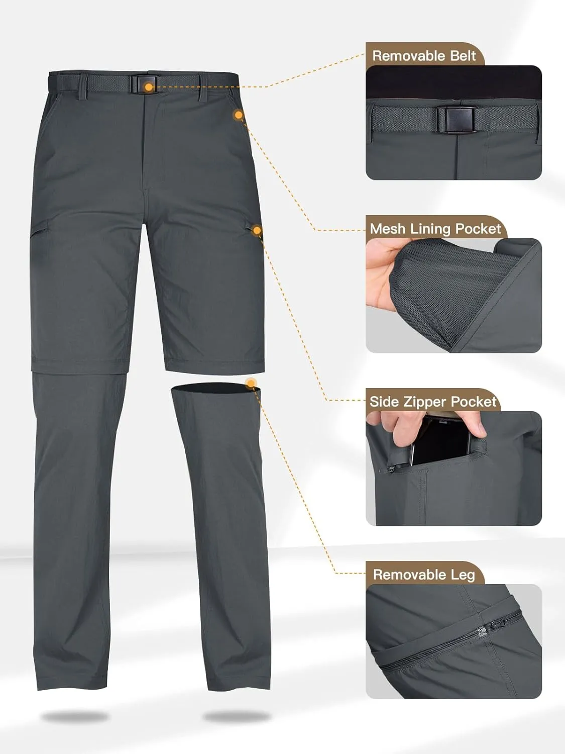 FREE SOLDIER Men's Outdoor Convertible Hiking Pants with Belt Lightweight Quick Dry Tactical Cargo Pants Nylon Spandex