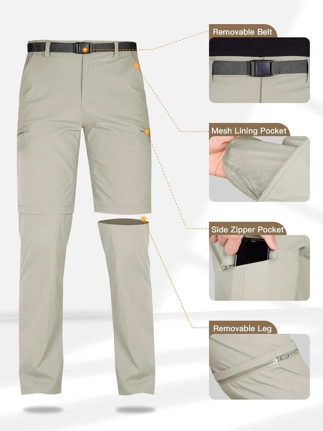 FREE SOLDIER Men's Outdoor Convertible Hiking Pants with Belt Lightweight Quick Dry Tactical Cargo Pants Nylon Spandex