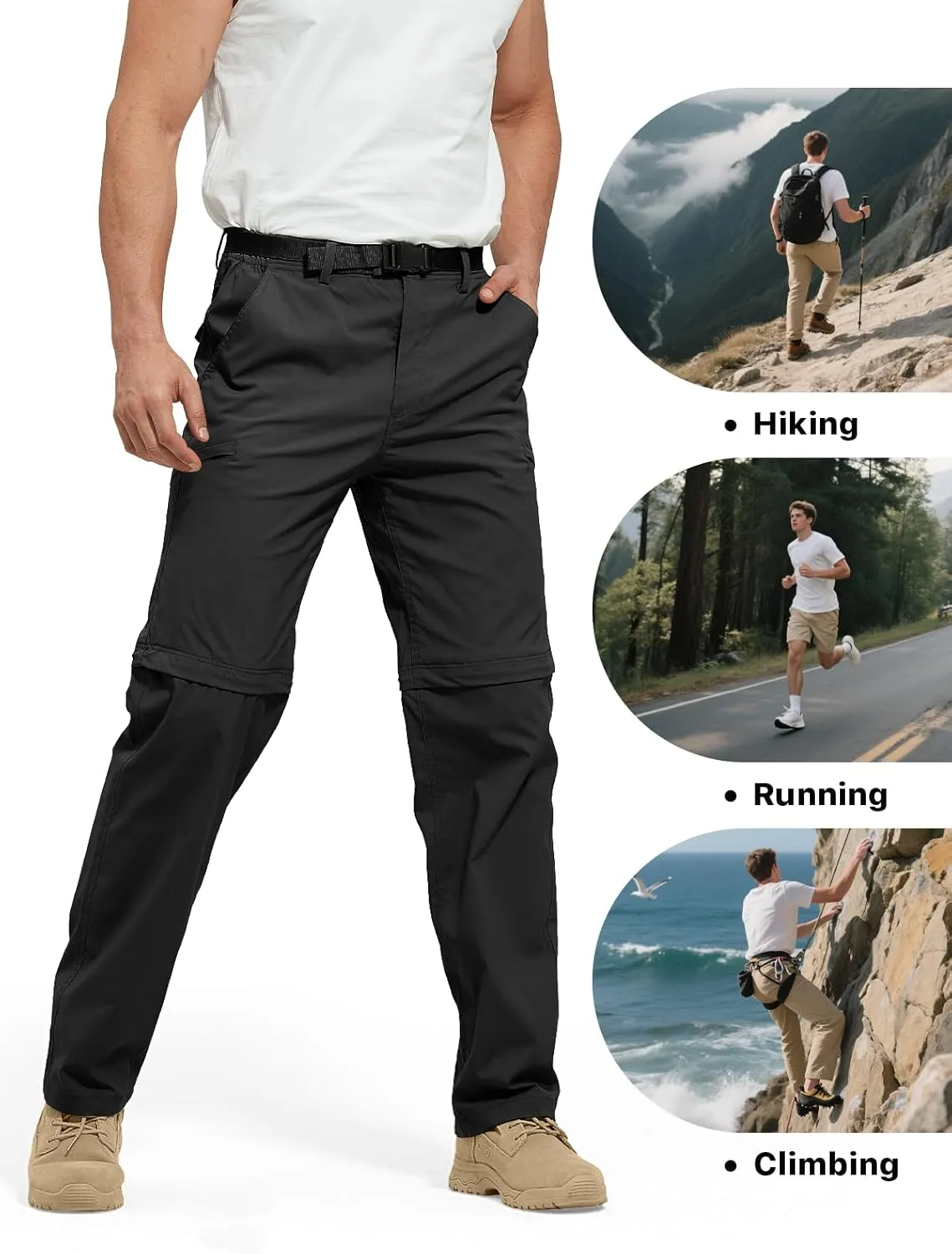 FREE SOLDIER Men's Outdoor Convertible Hiking Pants with Belt Lightweight Quick Dry Tactical Cargo Pants Nylon Spandex