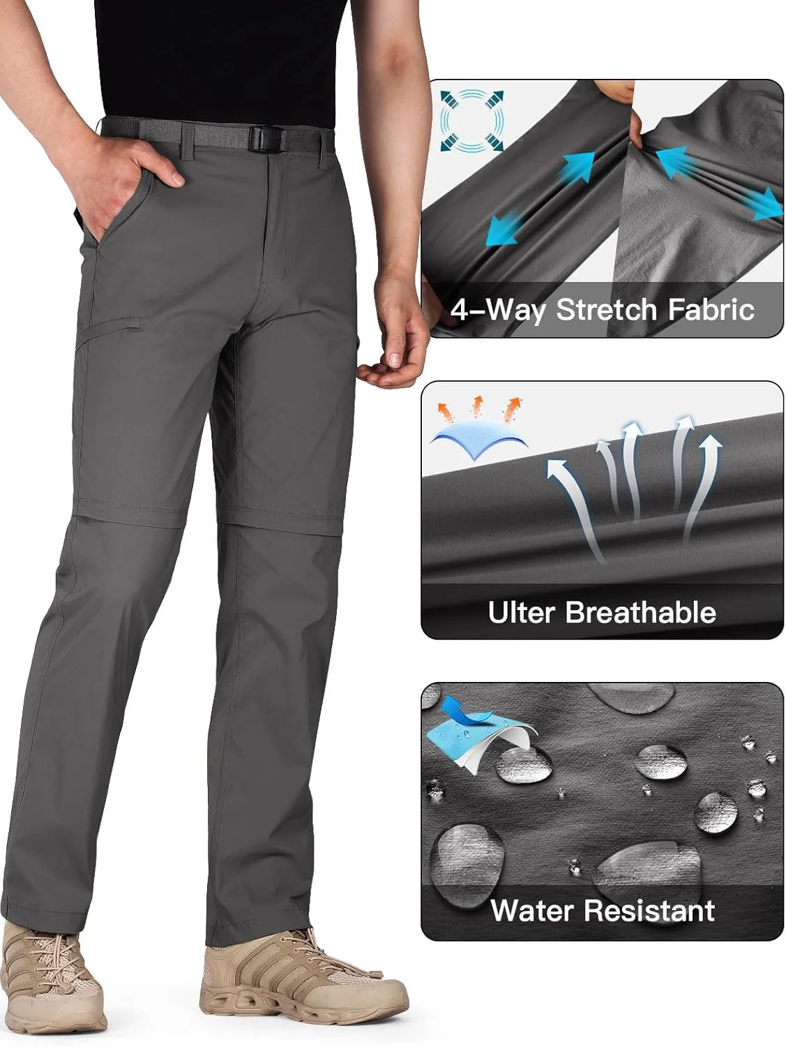 FREE SOLDIER Men's Outdoor Convertible Hiking Pants with Belt Lightweight Quick Dry Tactical Cargo Pants Nylon Spandex