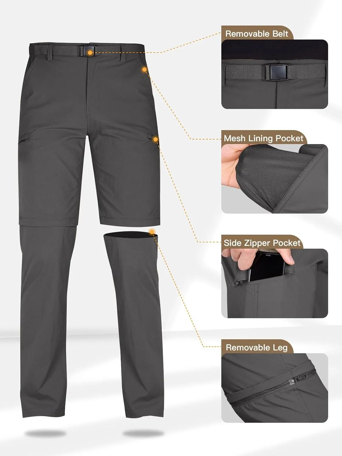 FREE SOLDIER Men's Outdoor Convertible Hiking Pants with Belt Lightweight Quick Dry Tactical Cargo Pants Nylon Spandex