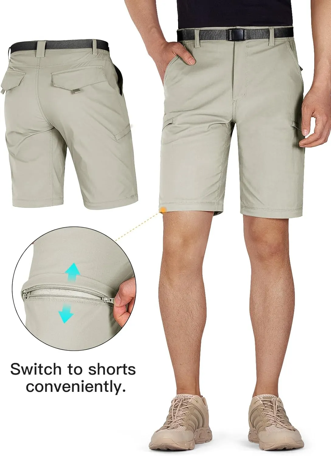 FREE SOLDIER Men's Outdoor Convertible Hiking Pants with Belt Lightweight Quick Dry Tactical Cargo Pants Nylon Spandex
