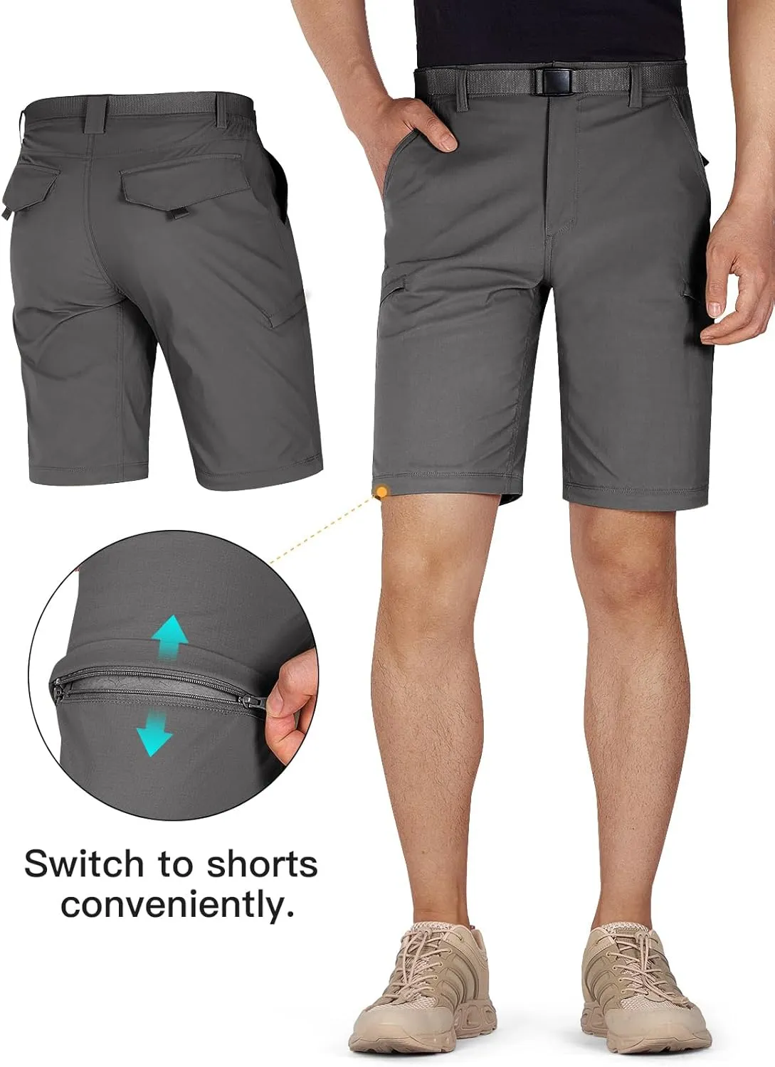 FREE SOLDIER Men's Outdoor Convertible Hiking Pants with Belt Lightweight Quick Dry Tactical Cargo Pants Nylon Spandex